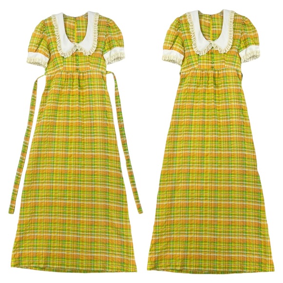 Vintage Yellow, Green, White Plaid Maxi Dress Made in the USA Union Label - Picture 2 of 15